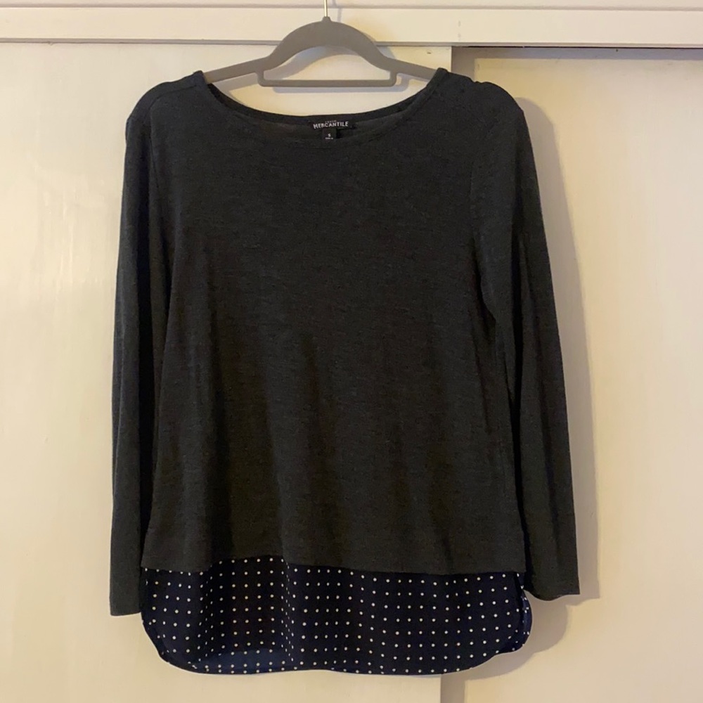 J Crew sweater gray with navy/white polka dot edge
